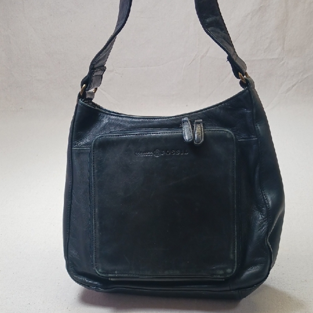 Vintage Fossil Dark Leather Shoulder Bag Genuine Leather Black Charm